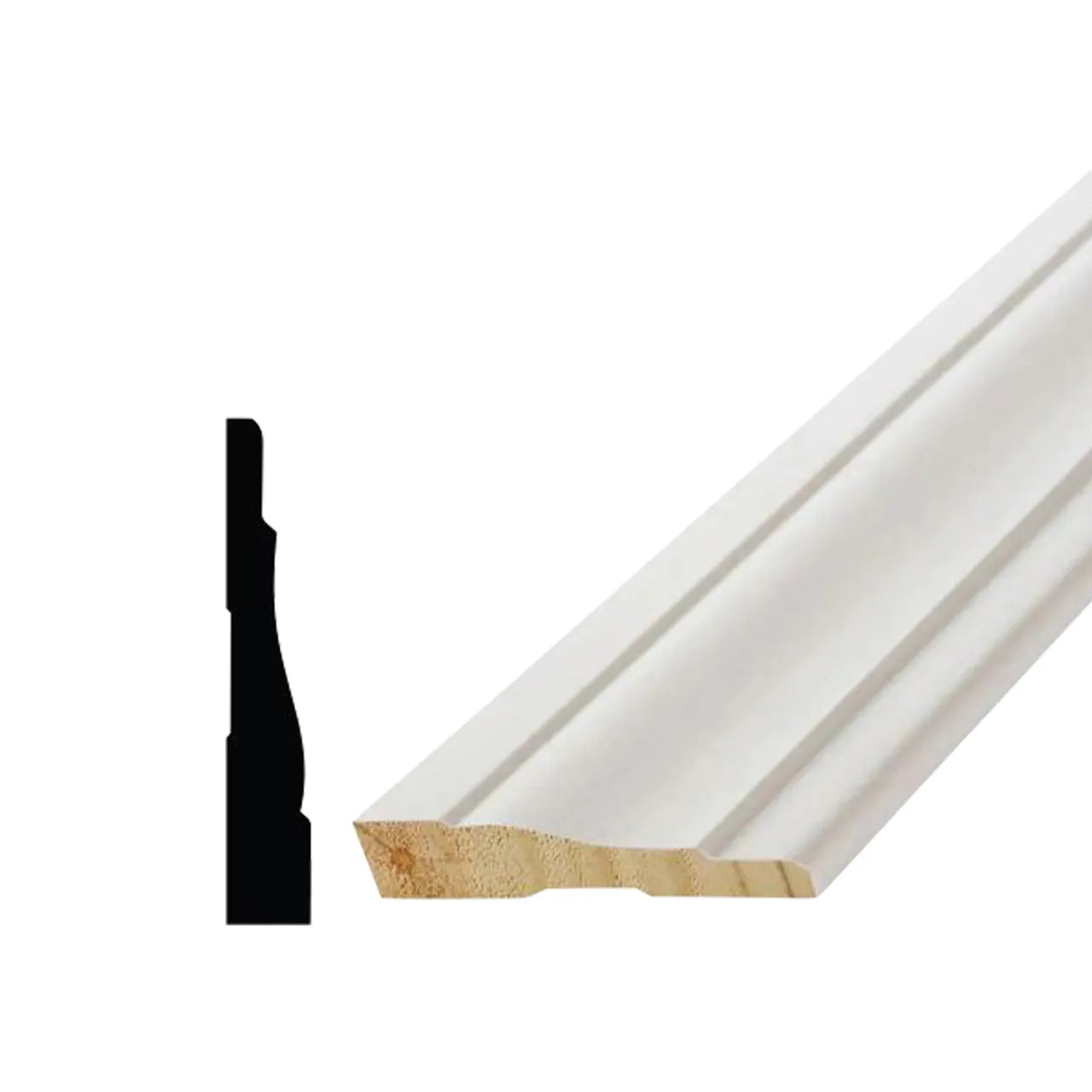 The Go Build 11/16 in. x 3-1/2 in. x 96 in. Poplar Wood Primed Finger-Jointed Casing Moulding is shown on a white background, with a cross-section view highlighting its decorative and layered profile.